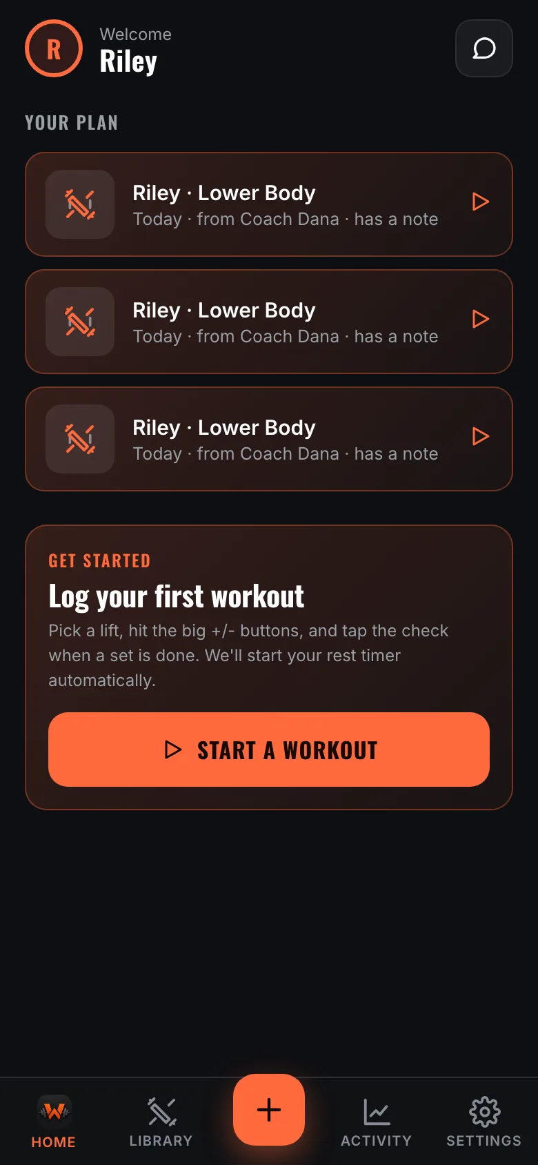 The WrkFit home screen showing today's assigned workout