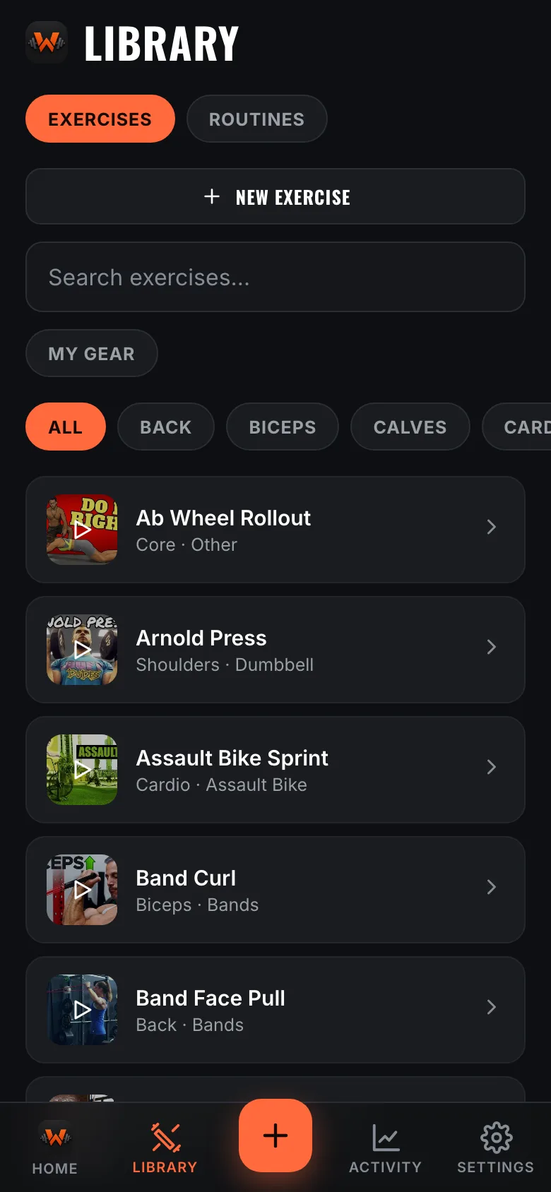 The exercise library with demo video thumbnails