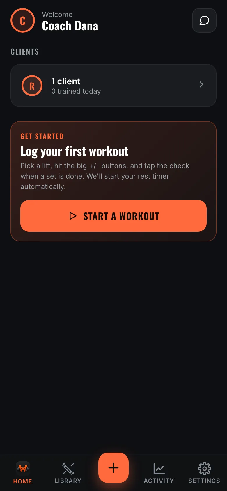 A coach's home screen with the clients card
