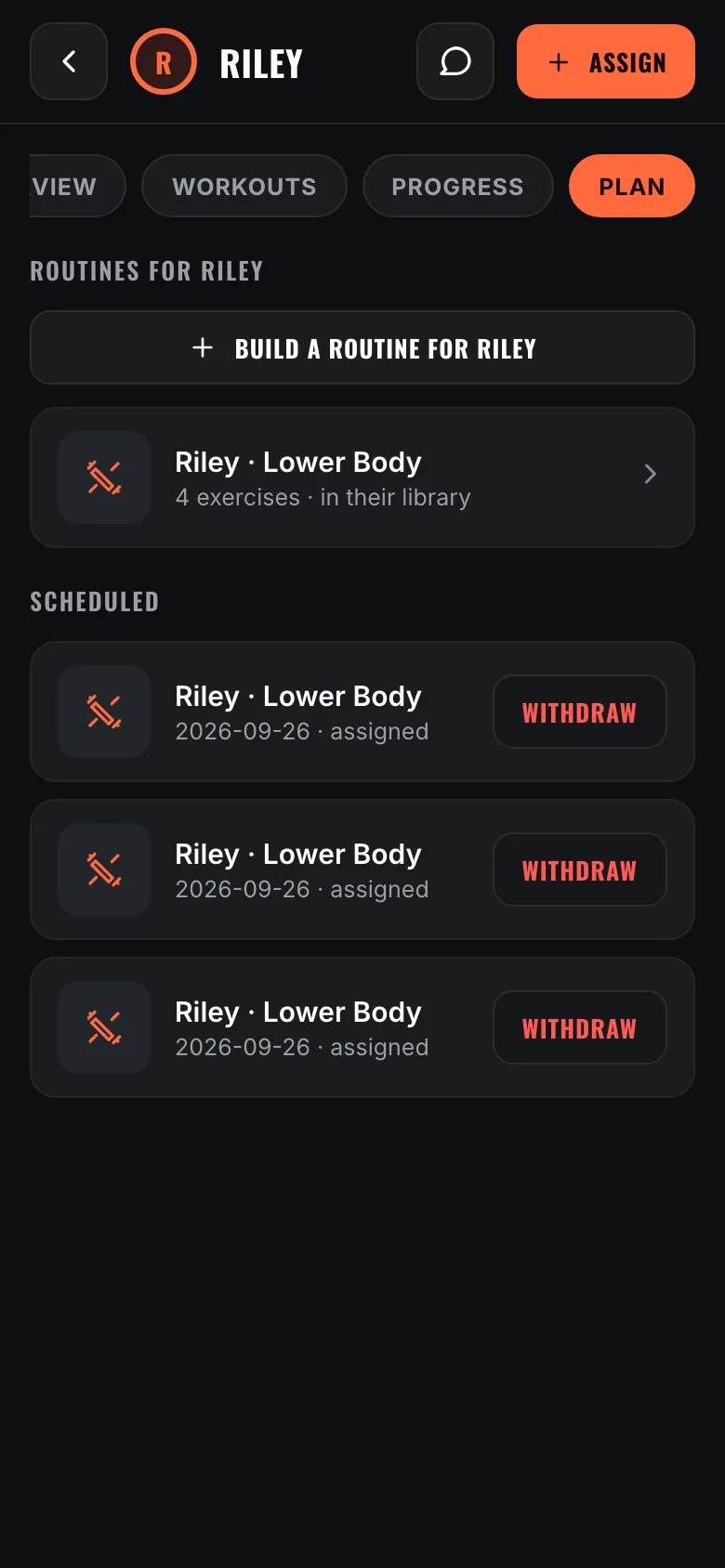 The Plan tab showing routines built for this client