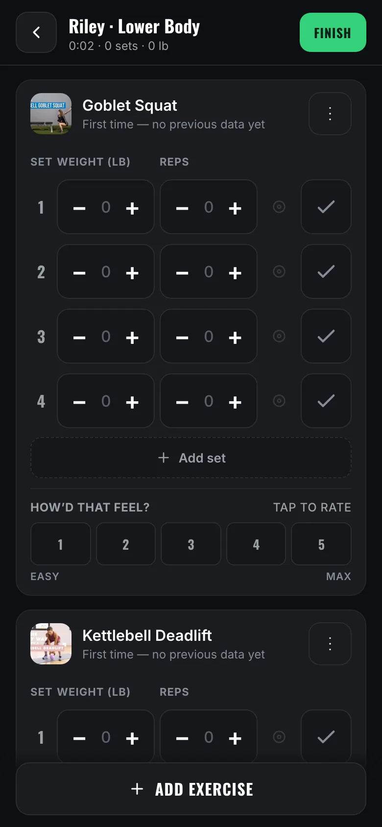 A workout in progress, logging sets