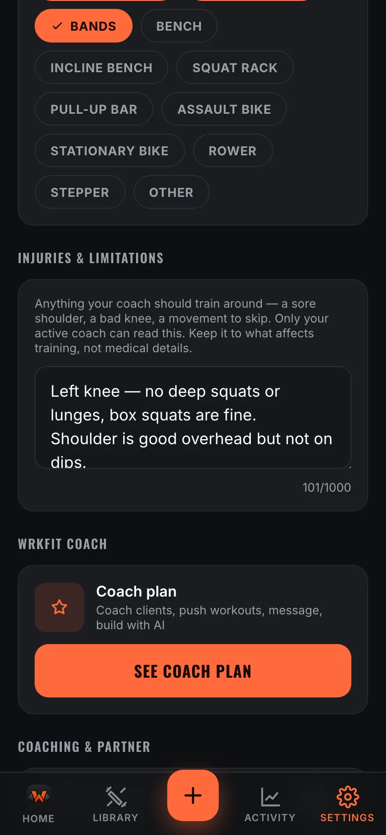 The injuries and limitations box in Settings
