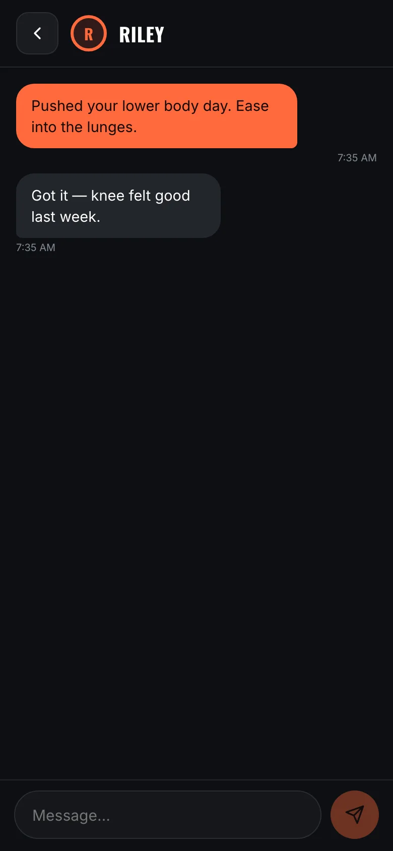 The message thread opened from a client's profile